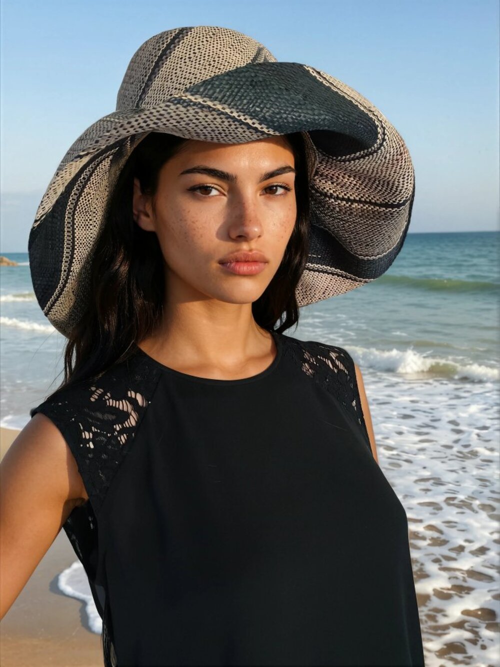 Women's Raffia Sun Hat, Large Brim, Summer Lightweight Natural Grass Hat, Black